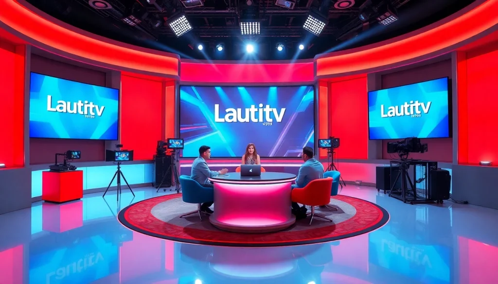 Lauthaitv vibrant television studio set with hosts and high-tech equipment