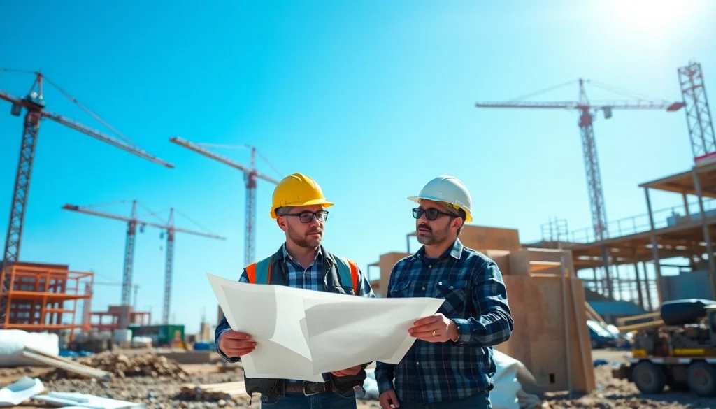 Construction association South Carolina team collaborating over blueprints at a lively construction site.