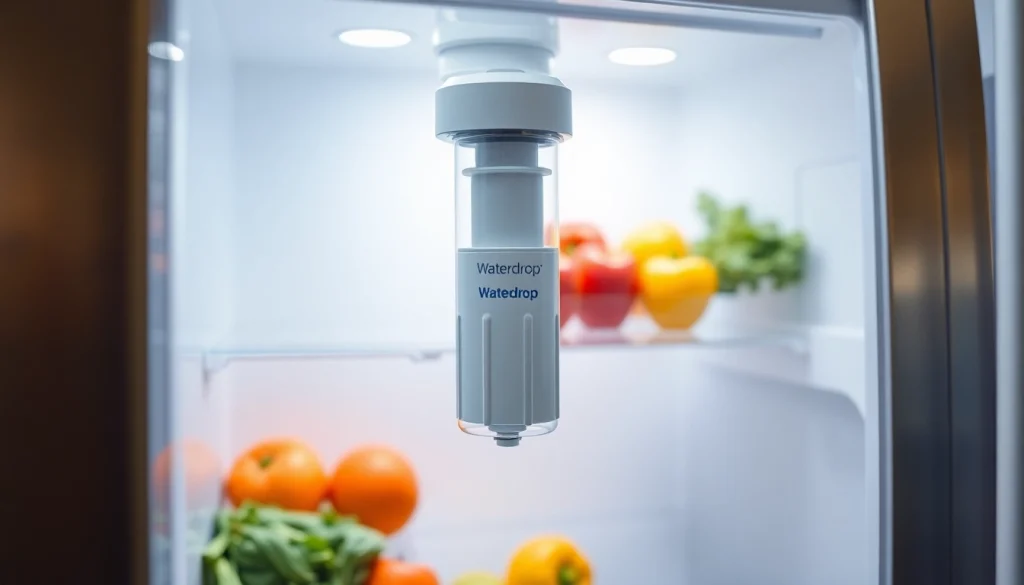 Waterdrop DA29-00020B Refrigerator Water Filter installed in a modern kitchen setting.