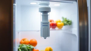 Waterdrop DA29-00020B Refrigerator Water Filter installed in a modern kitchen setting.