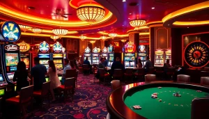 Players engaging with vibrant slot machines in a luxurious casino environment.