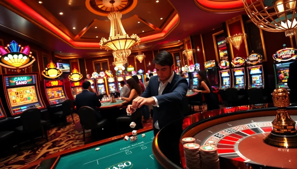 Experience sbobet excitement at a luxurious casino with eager gamblers around tables.