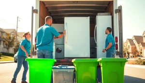 Appliance removal team loading an old refrigerator into a truck in a sunny neighborhood.