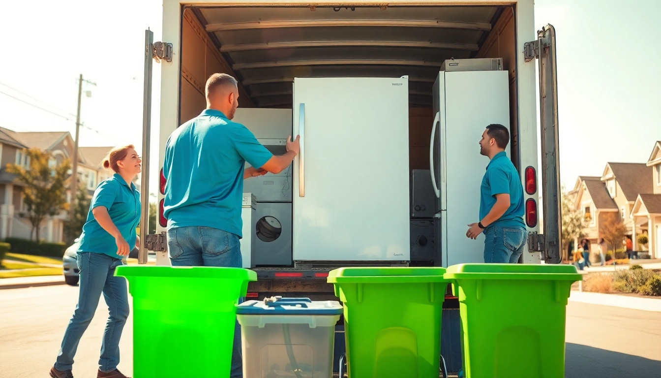 Appliance removal team loading an old refrigerator into a truck in a sunny neighborhood.