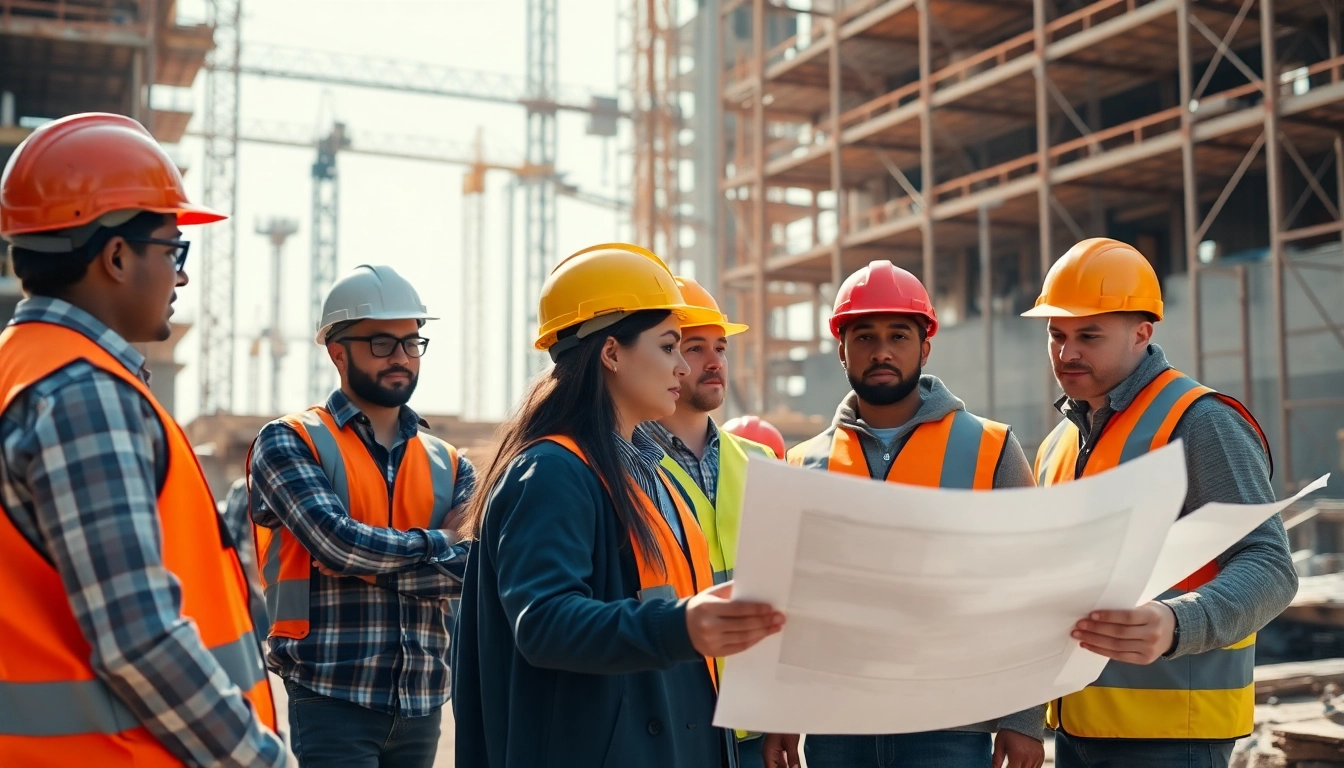 Workers discussing Careers in construction at a vibrant building site with blueprints and equipment.