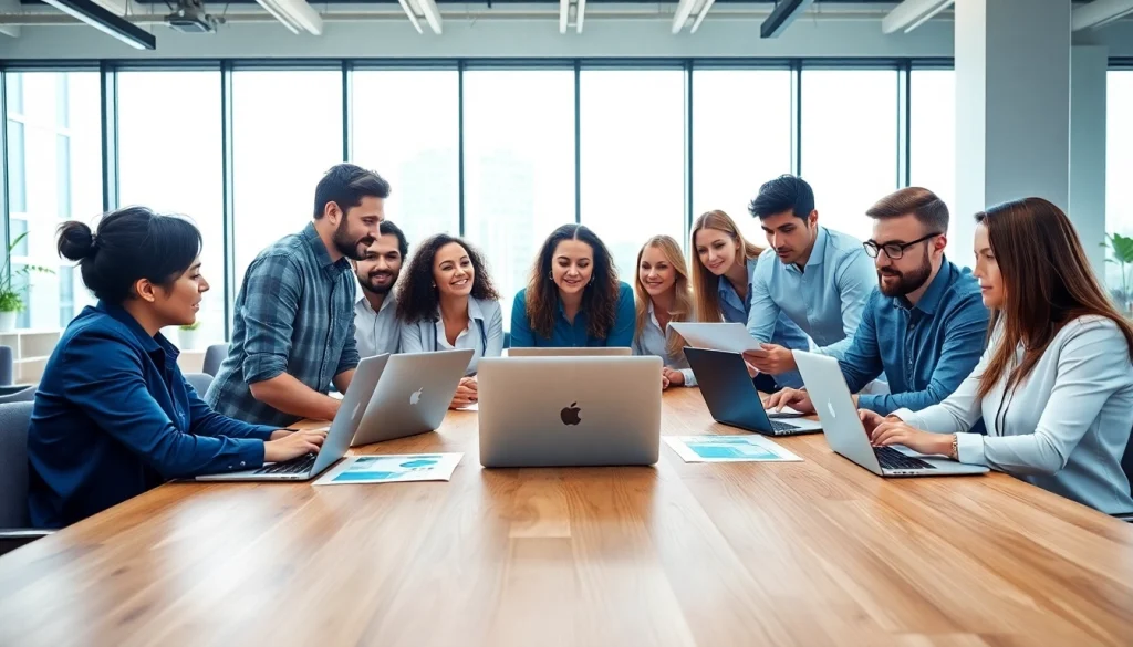 Marketing Agency team collaborating in a bright and modern office environment.