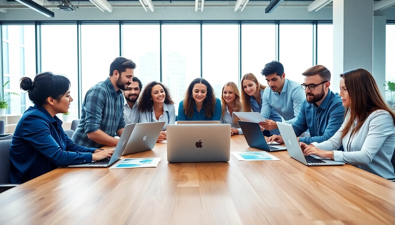 Marketing Agency team collaborating in a bright and modern office environment.