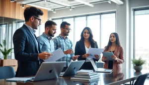 Showcasing business growth insights in a collaborative office setting with professionals analyzing data.