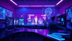 Engaging NSFW character AI in a futuristic digital workspace with holographic displays.