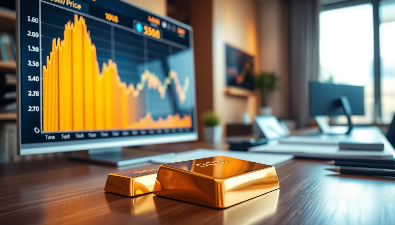 Display of live gold price with a gold bar and modern trading environment.