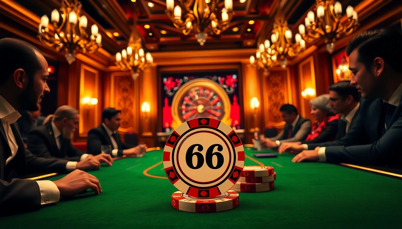 Intense poker game featuring MV66-themed chips in a luxurious casino setting.