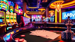 Exciting casino scene with vibrant slot machines and roulette table featuring 688v.