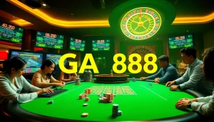 Experience the excitement of GA888 as players engage in thrilling casino games with elegant tables and rich colors.