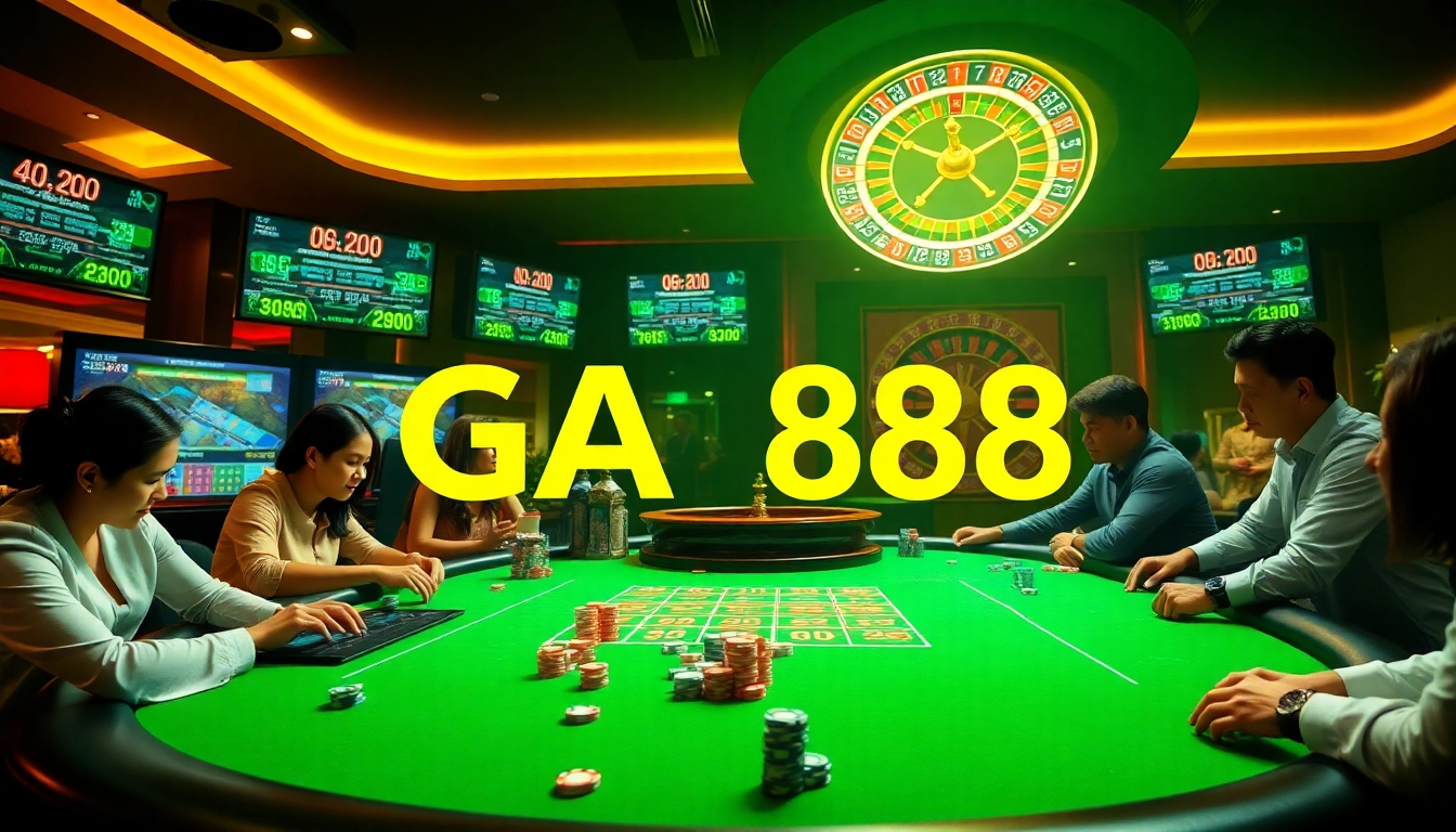 Experience the excitement of GA888 as players engage in thrilling casino games with elegant tables and rich colors.