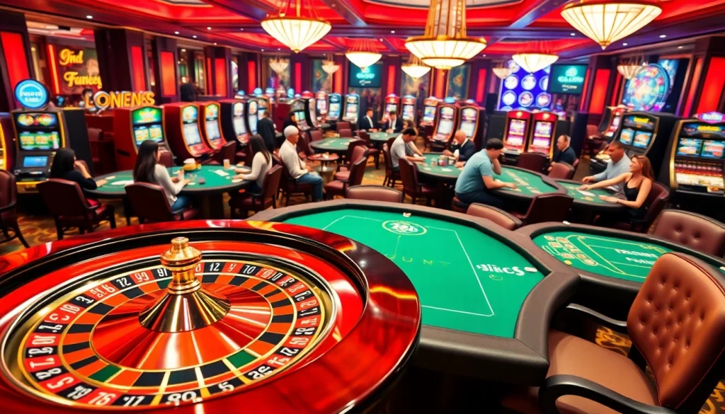 Players enjoying a lively casino experience at New88bet.us with poker tables and roulette.