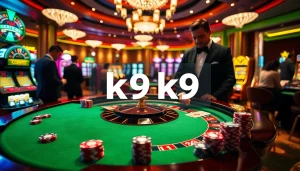 K9K9 casino scene showcasing excitement at a roulette table with vibrant poker chips and cards.