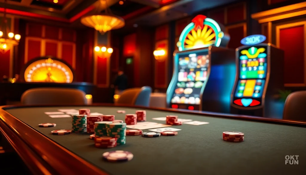Experience the luxury of gambling at OKFUN with vibrant poker chips and exciting slot machines.
