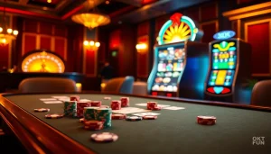 Experience the luxury of gambling at OKFUN with vibrant poker chips and exciting slot machines.