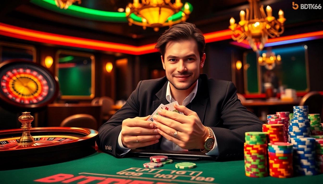 Experience the thrill of BDTK66 with a luxurious casino setting featuring poker chips and roulette.