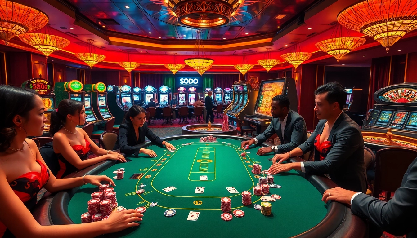 SODO Casino vibrant scene with poker players and dazzling slot machines.