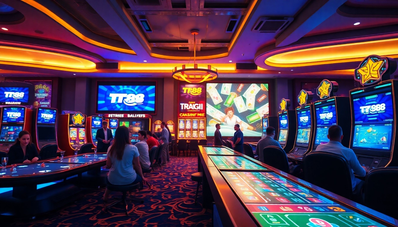TR88 online gaming experience showcasing vibrant casino atmosphere with digital interfaces.