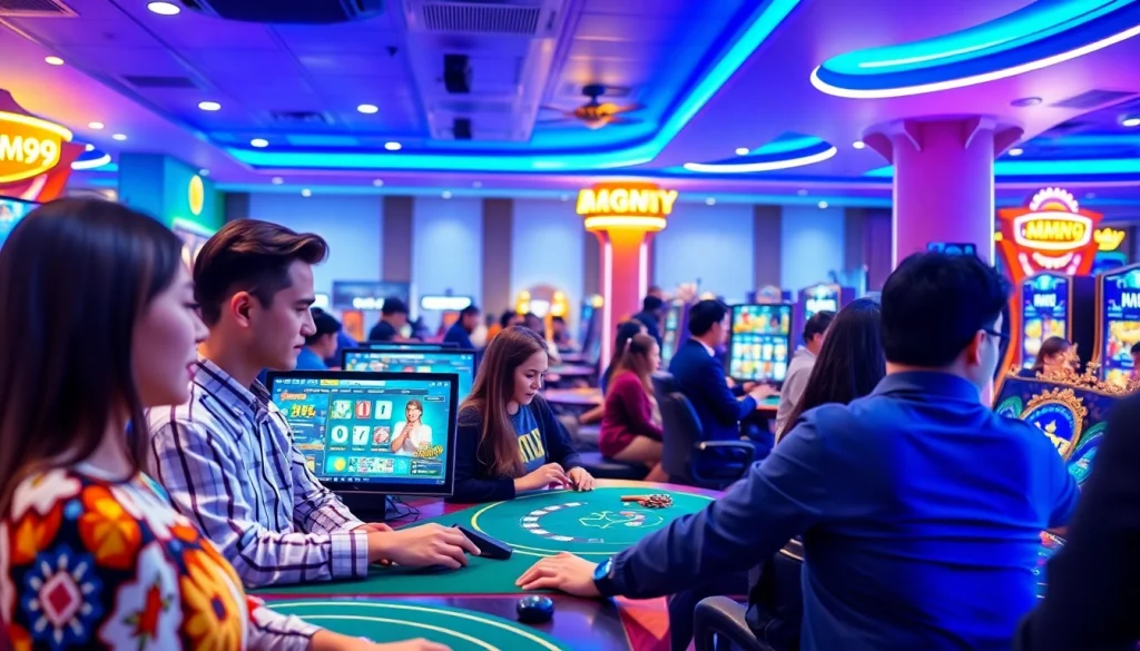 Engaging MM99 online gaming environment showcasing diverse players and interactive casino games in a modern setting.