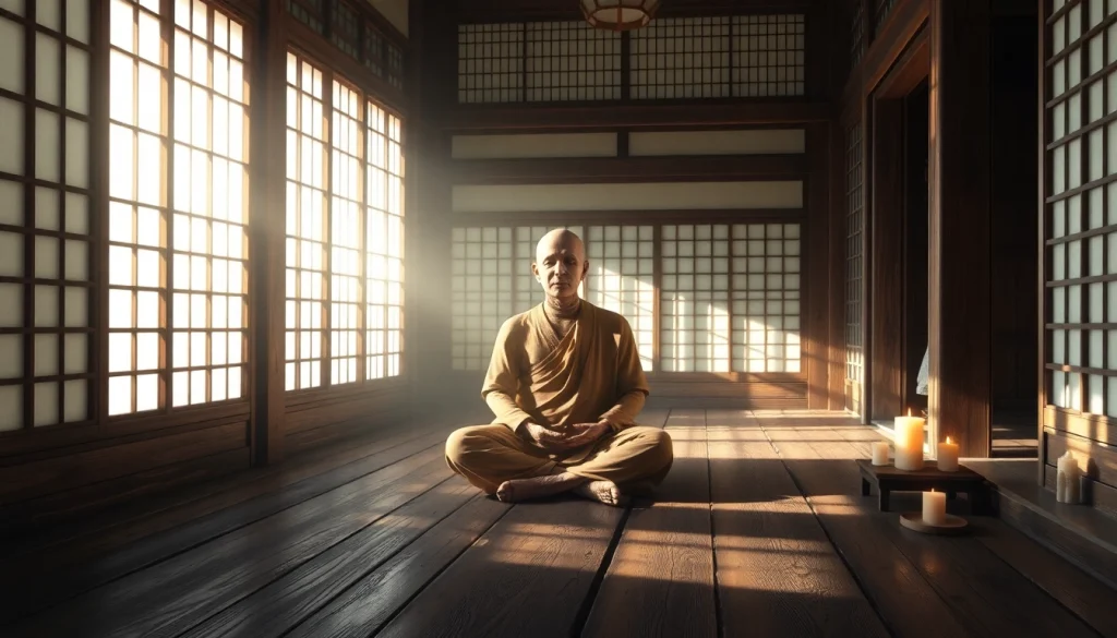 即身仏（Sokushinbutsu）が静かな日本の寺院で座禅を組んでいる姿を描き、文化的意義を強調しています。