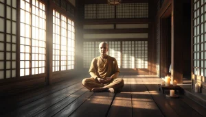 即身仏（Sokushinbutsu）が静かな日本の寺院で座禅を組んでいる姿を描き、文化的意義を強調しています。