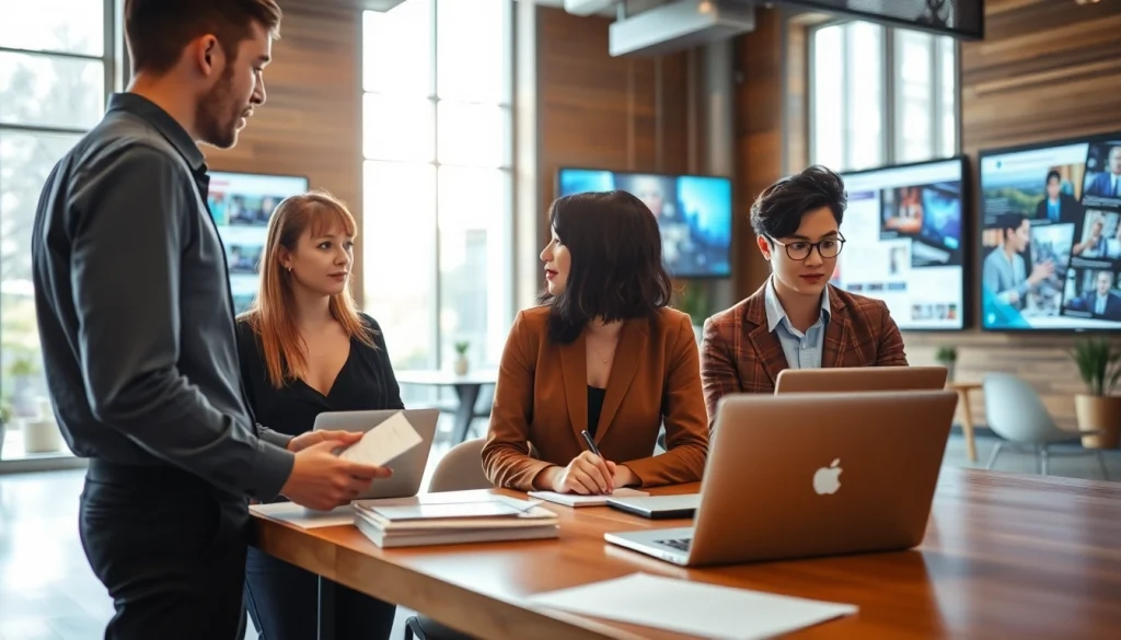 Group of journalists at Tampa Free Press brainstorming in a vibrant newsroom atmosphere.