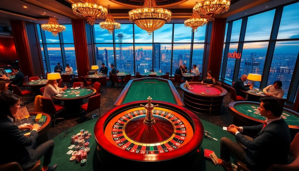 Nohu-themed luxury casino scene with elegant tables, roulette wheel, and vibrant gambling action.