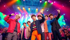 BTS members performing energetically on stage with vibrant lights and cheers from fans.