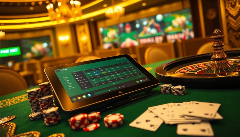 Experience sbobet's exciting betting action with sleek technology at a luxury casino table.