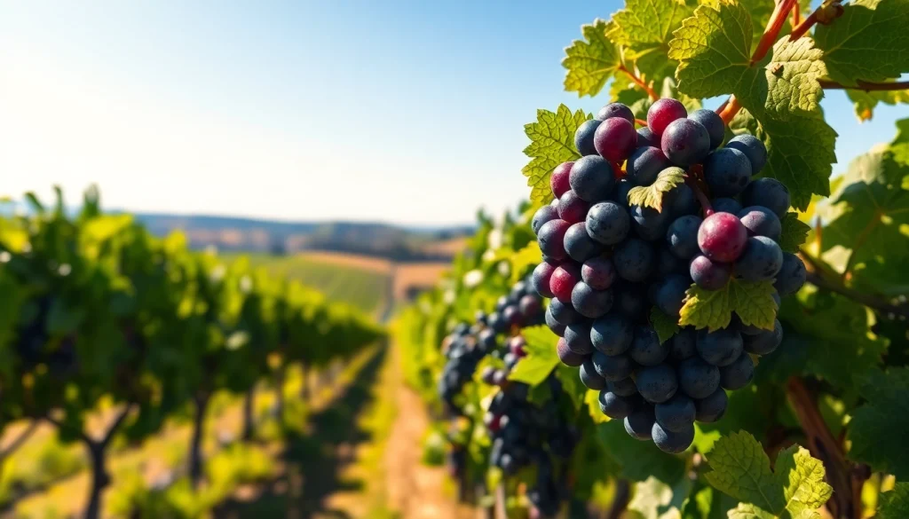 Capture the beauty of Carksburg CA vineyards, showcasing ripe grapes in a sunny landscape.