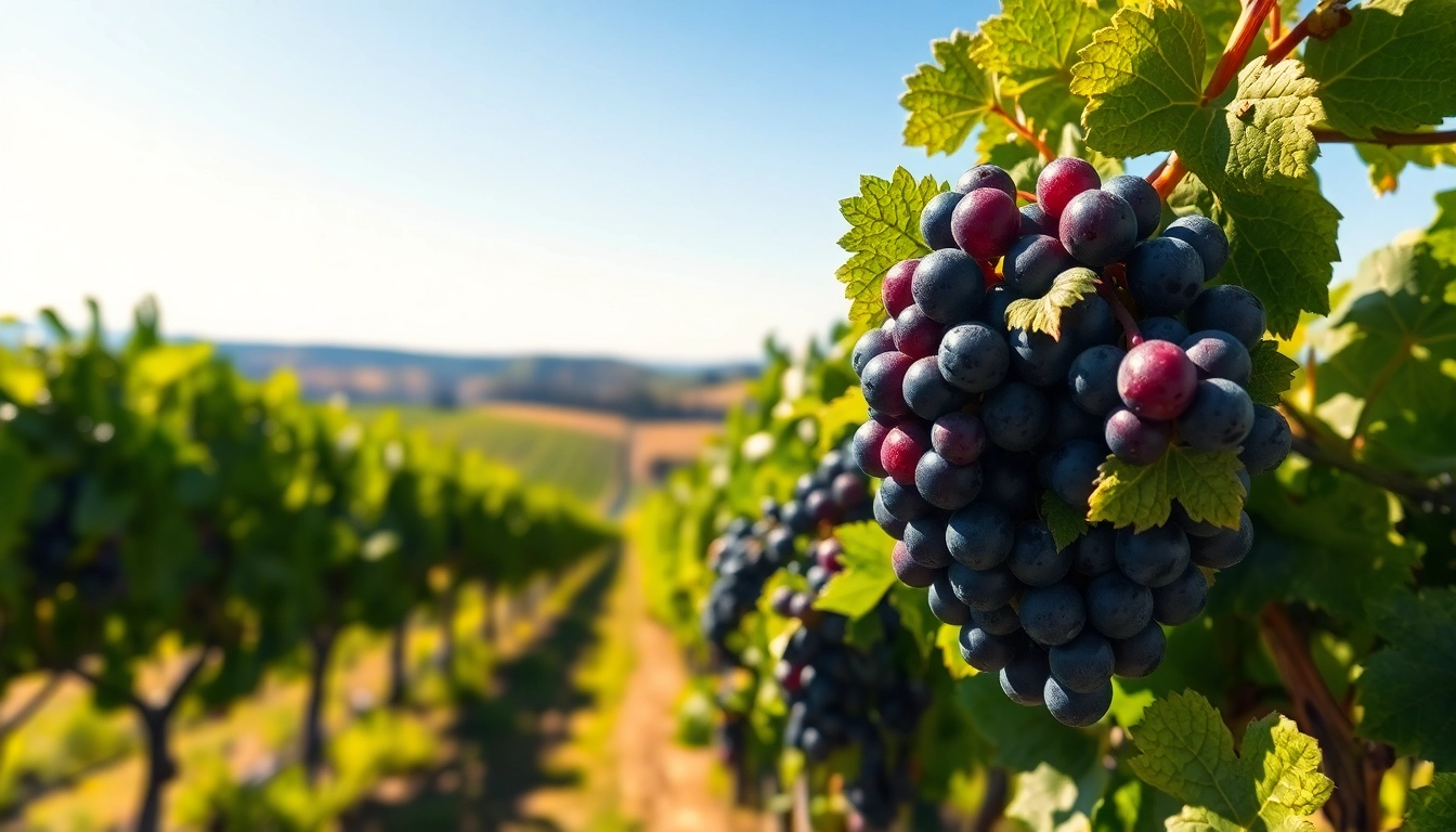 Capture the beauty of Carksburg CA vineyards, showcasing ripe grapes in a sunny landscape.