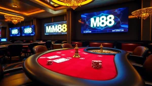 Experience the thrill of MM88's upscale casino atmosphere with elegant gaming tables and vibrant action.