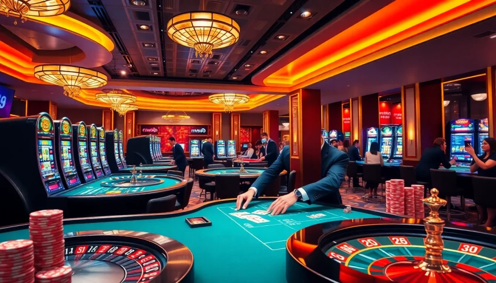 Engaging casino scene featuring nhà cái mm88 with poker chips and slot machines, reflecting excitement.