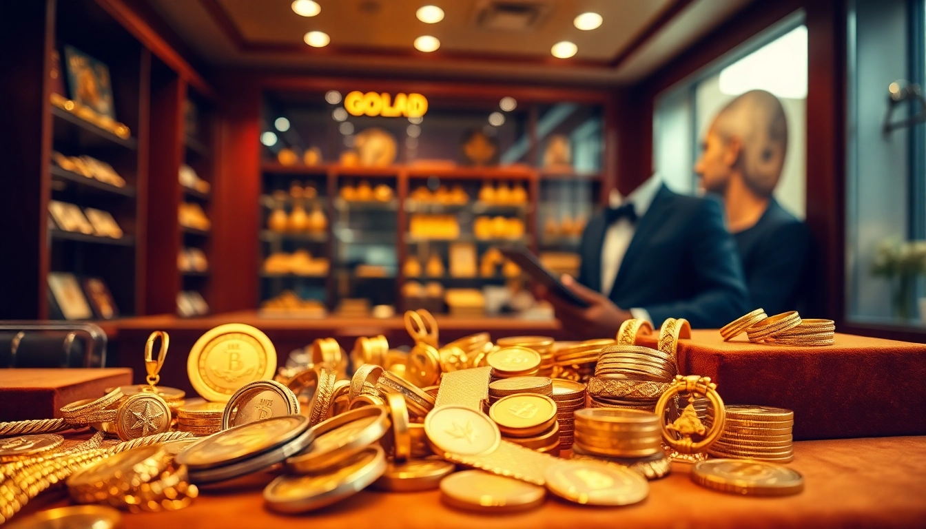 Offrire compro oro roma in un negozio luminoso con gioielli e monete d'oro.