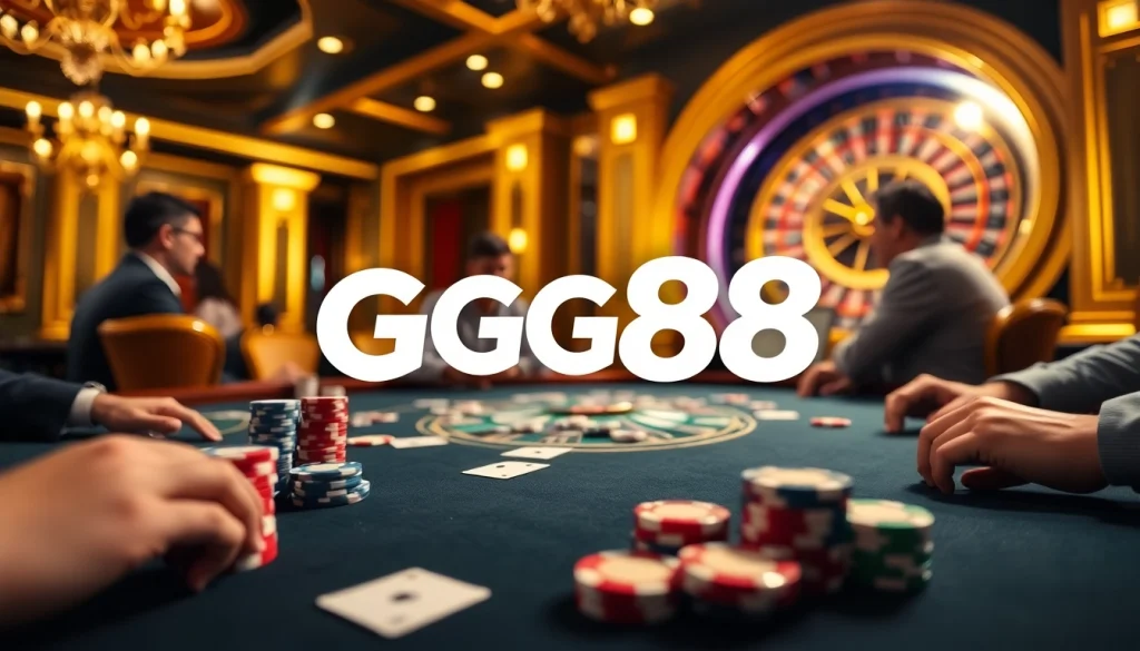 Experience the excitement of GG88 with a vibrant casino scene filled with poker and roulette action.