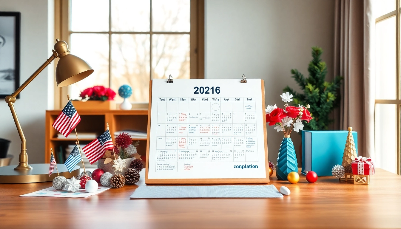 Interactive calendar with holidays for 2026, showcasing U.S. festive decorations and a cheerful workspace.