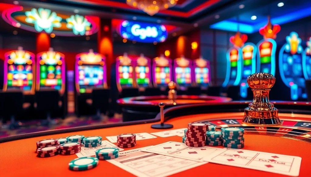 Experience excitement at the gg88 gaming table with vibrant poker chips and a classic roulette wheel.
