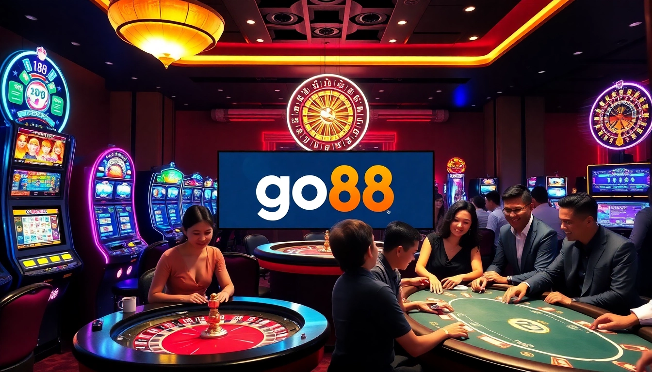 Exciting gambling scene with vibrant go88 branding, showcasing engaging players at a luxury casino.