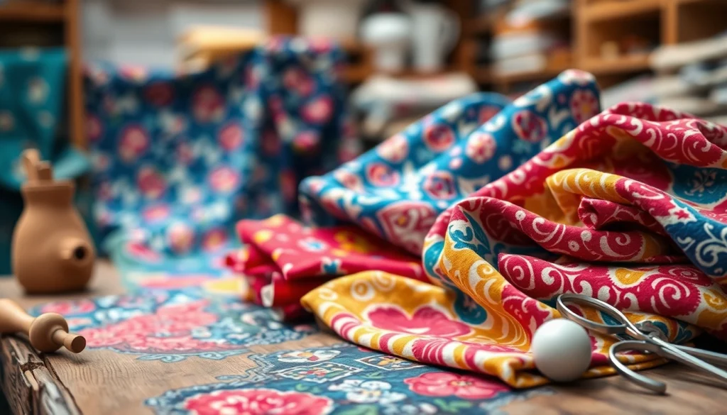 Bekijk bedrukt katoen met unieke patronen en levendige kleuren op een ambachtelijke achtergrond.