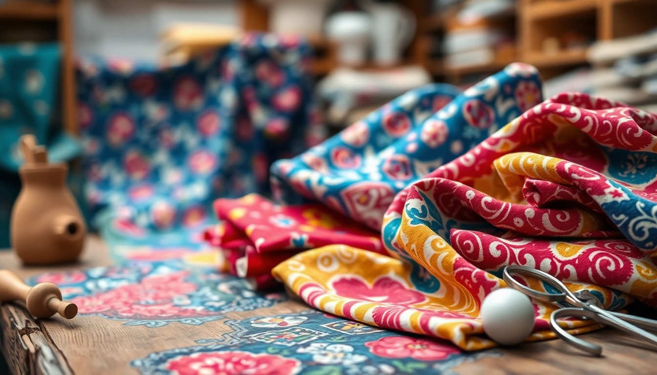 Bekijk bedrukt katoen met unieke patronen en levendige kleuren op een ambachtelijke achtergrond.