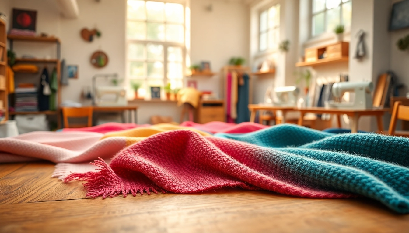 Vibrant bouclé stoffen close-ups on a wooden table in a bright textile studio.