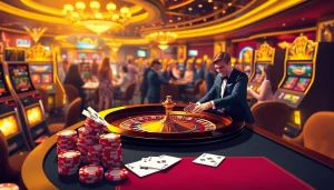 Exciting gamblers at the luxurious RR88 casino with roulette, poker chips, and slot machines.