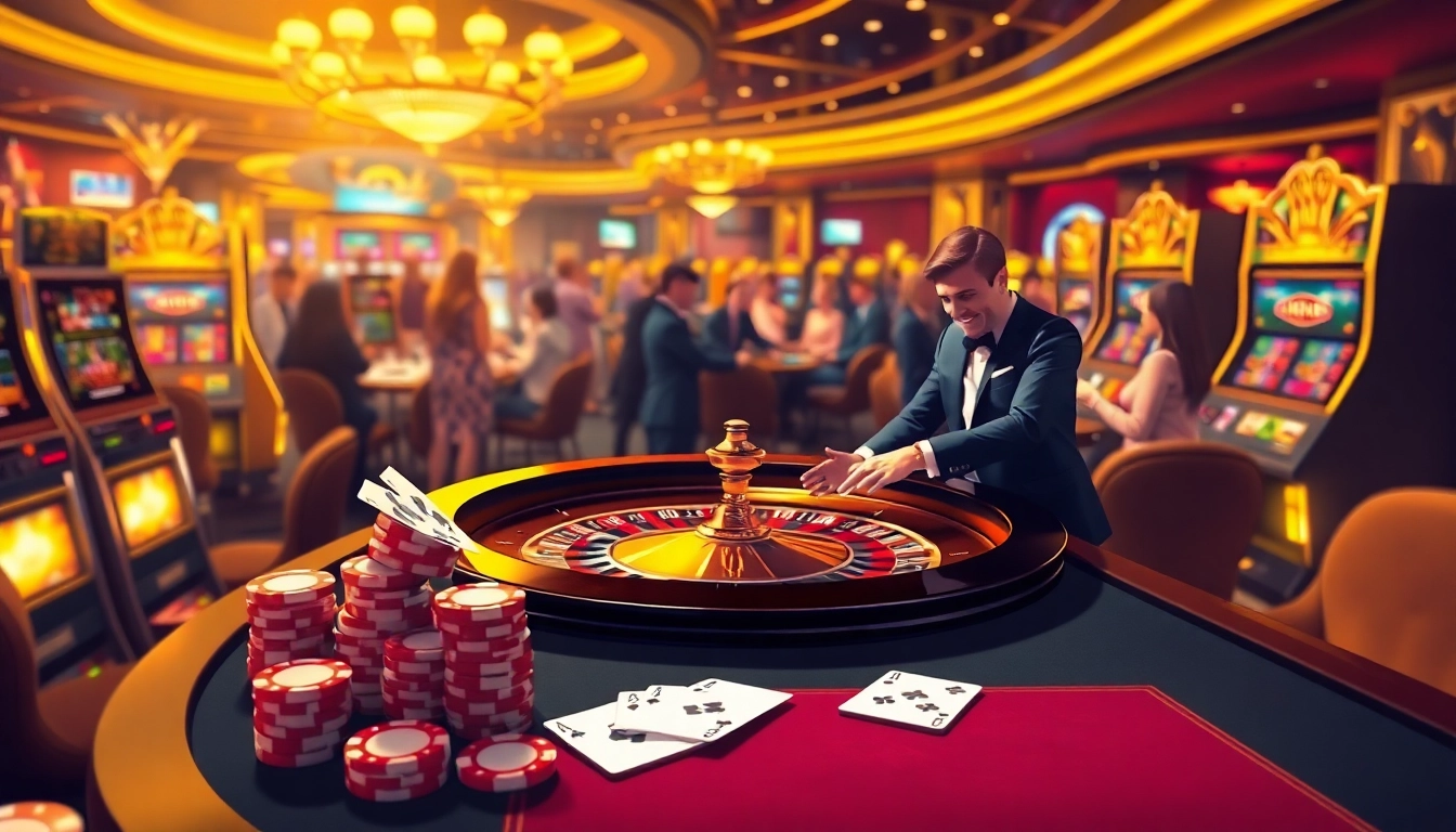 Exciting gamblers at the luxurious RR88 casino with roulette, poker chips, and slot machines.