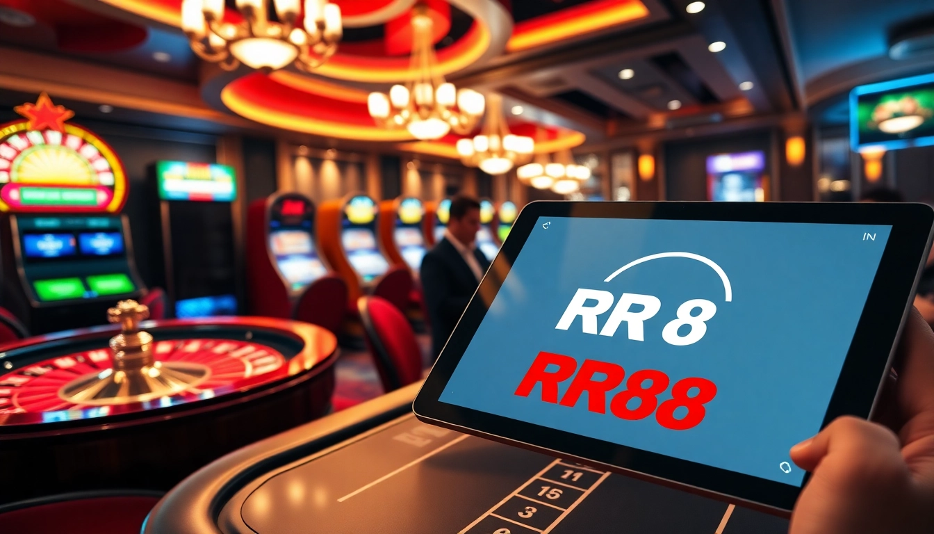 RR88 players enjoying a thrilling casino experience with vibrant slot machines and poker games.