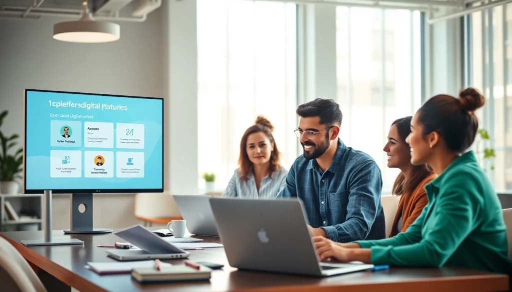 Engaged team collaborating using 1cplatform features in a professional tech workspace.