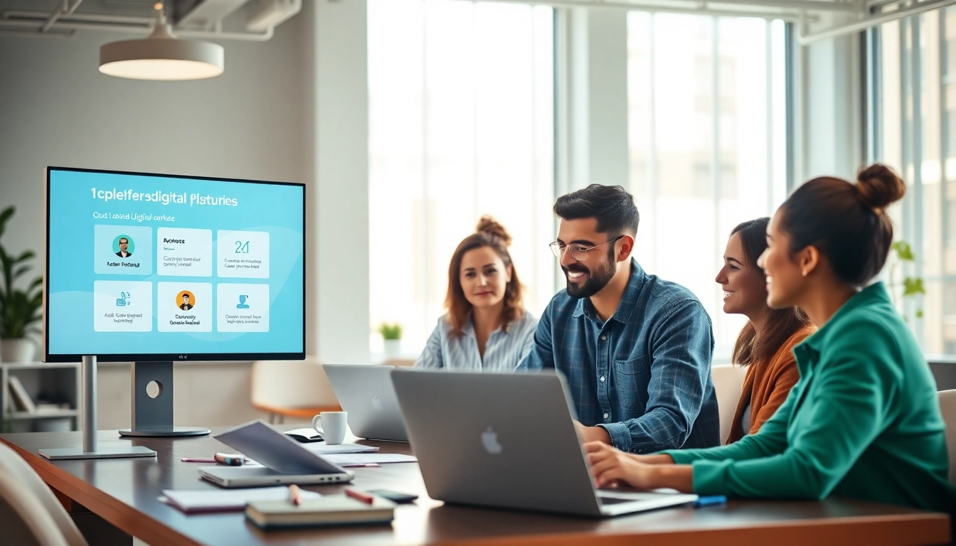 Engaged team collaborating using 1cplatform features in a professional tech workspace.