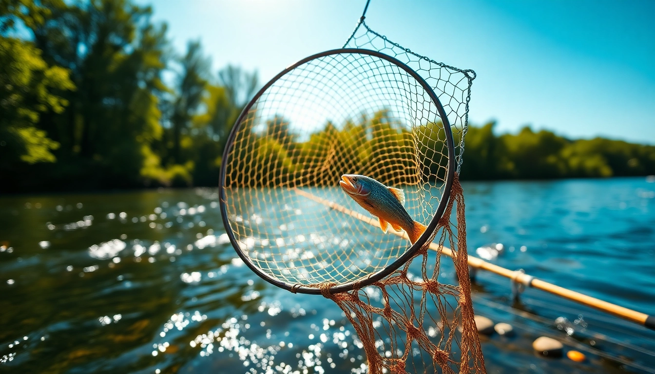 Using a fly fishing net, an angler captures fish in a serene river scene surrounded by nature.
